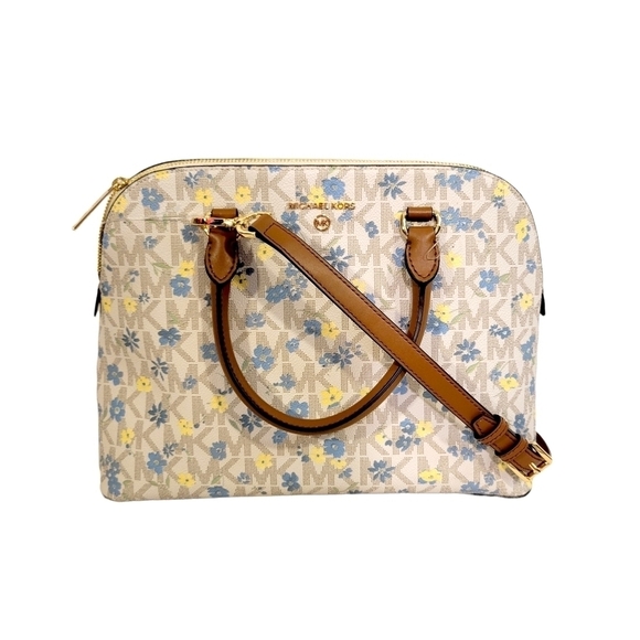 NWT Michael Kors Cindy Vanilla Floral Monogram Large Dome Satchel - Picture 1 of 12